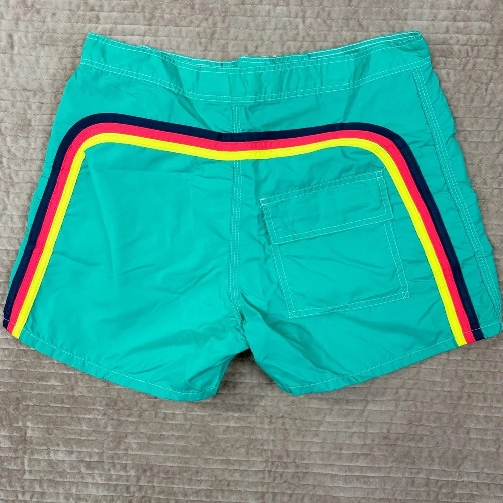 Vintage Sundek Board Shorts Mens 30 Teal Green Rainbow Stripe Nylon Made in USA